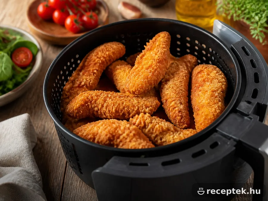 Aranybarna panírozott csirkemellcsíkok air fryer kosarában