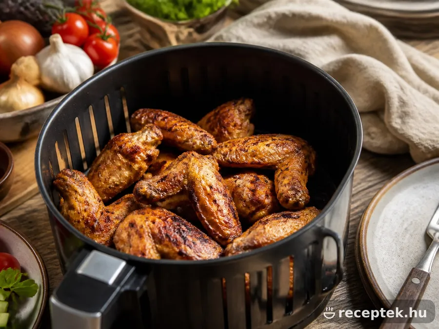 Ropogósra sült csirkeszárnyak air fryer kosarában