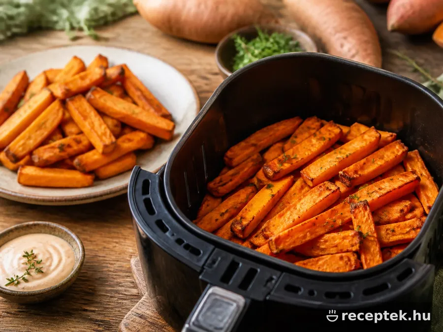 Narancssárga édesburgonya hasábok air fryer kosarában