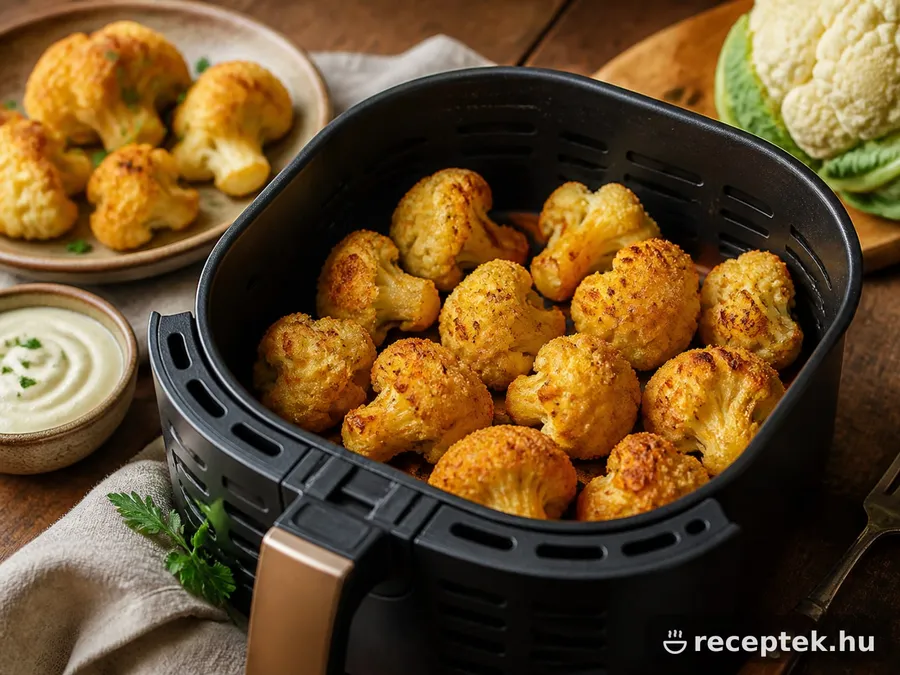 Aranybarna panírozott karfiolrózsák air fryer kosarában