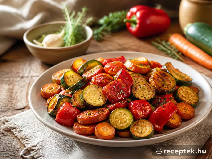 Színes sült zöldségek – cukkini, paprika, sárgarépa – air fryer kosarában