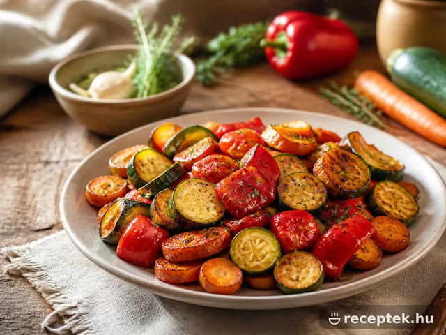 Színes sült zöldségek – cukkini, paprika, sárgarépa – air fryer kosarában