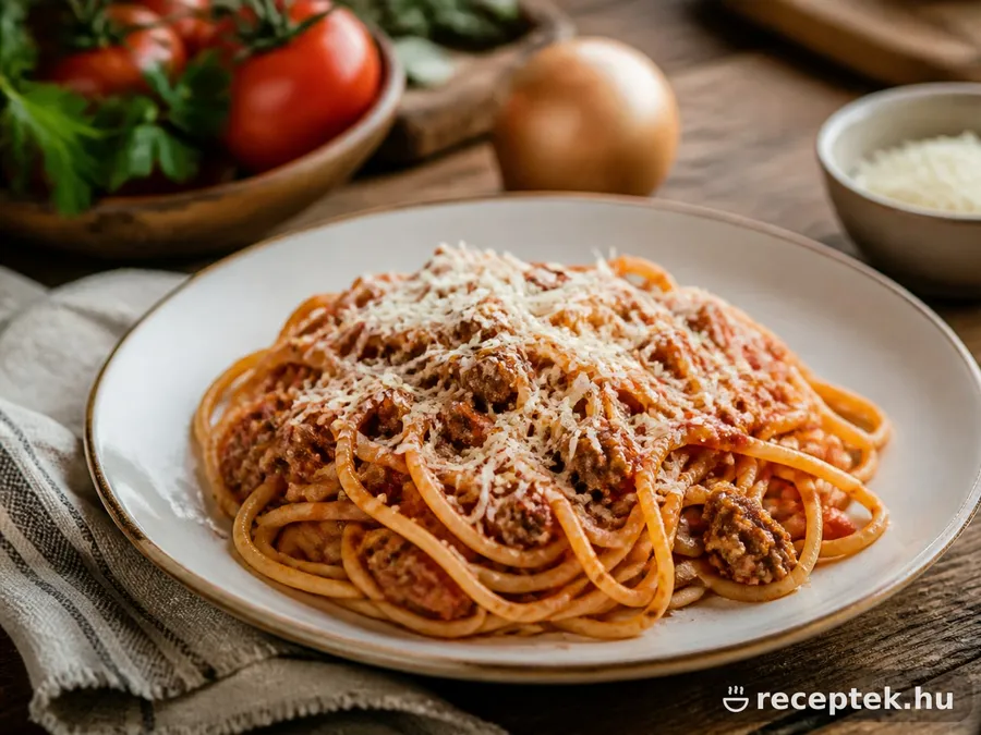 Bolognai spagetti tányéron, reszelt parmezánnal megszórva