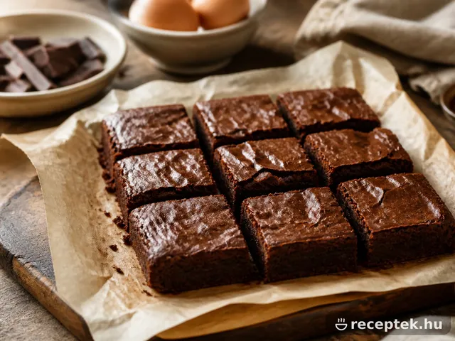 Kockákra vágott brownie fényes tetővel, sütőpapíron