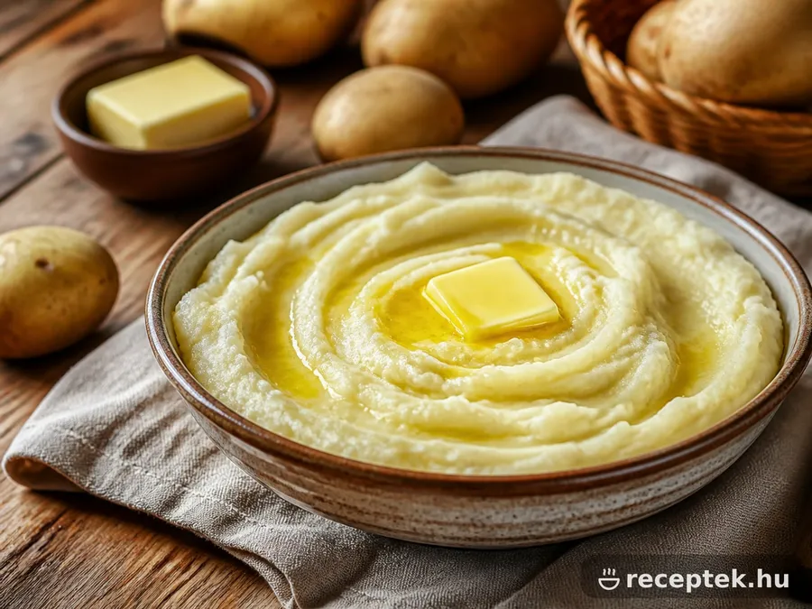 Selymes burgonyapüré tálban, vajdarabbal a tetején