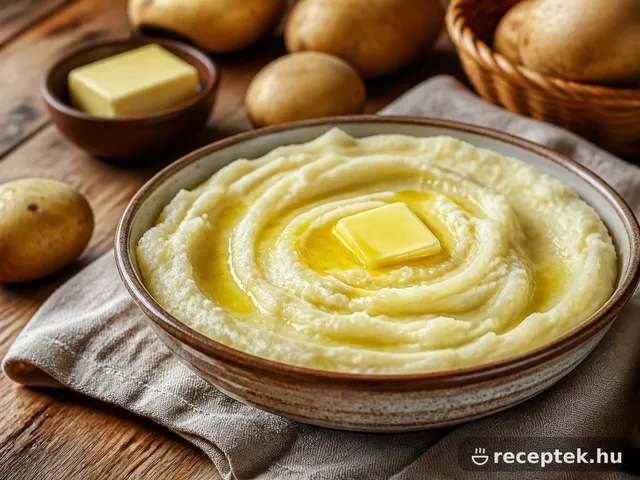 Selymes burgonyapüré tálban, vajdarabbal a tetején
