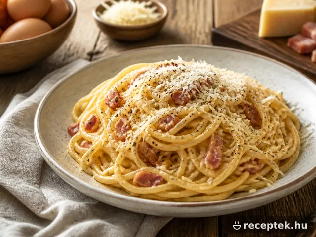 Carbonara spagetti tányéron, borssal és reszelt sajttal