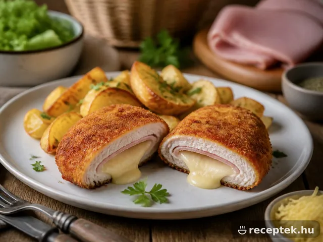 Félbevágott cordon bleu tányéron, olvadt sajttal és sonkával, sült krumplival