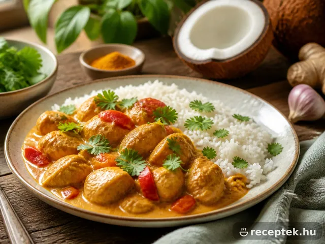 Kókuszos csirke curry rizzsel, friss korianderrel megszórva