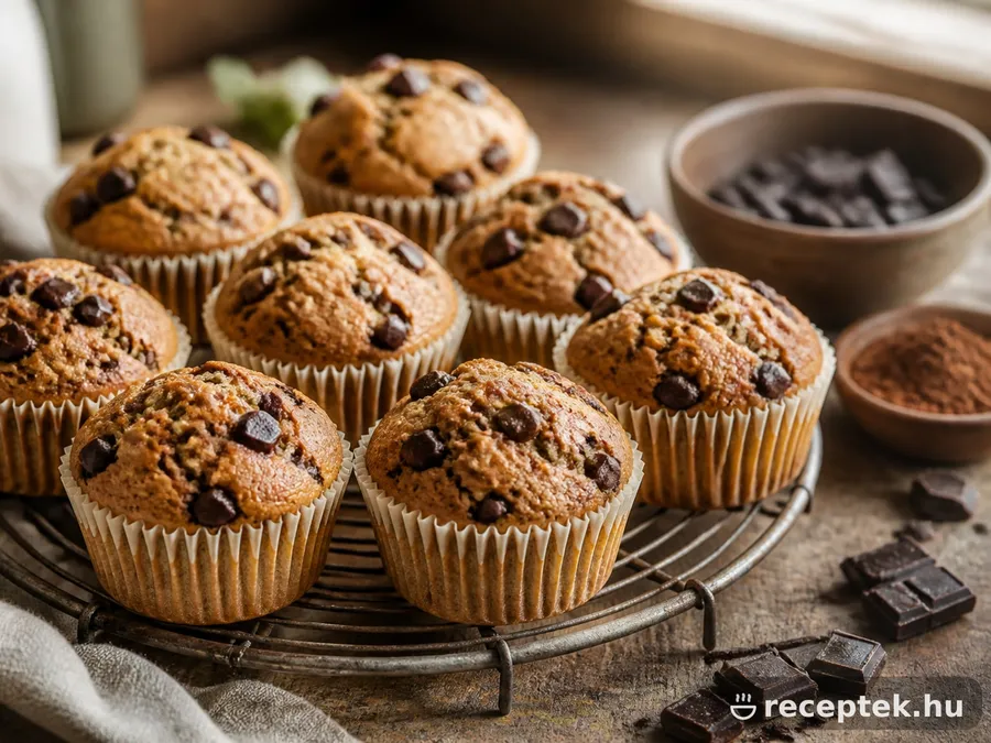 Csokidarabos muffinok papírkapszliban, hűtőrácson