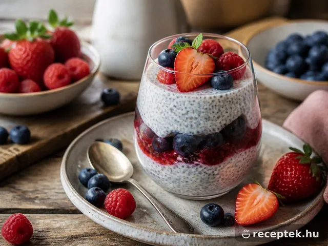 Chia puding pohárban, friss bogyós gyümölcsökkel