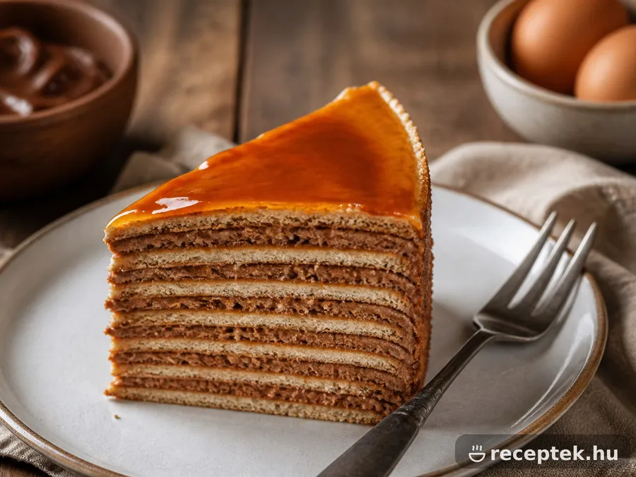 Dobostorta szelet, rétegzett lapokkal, csokoládékrémmel és fényes karamellfedővel