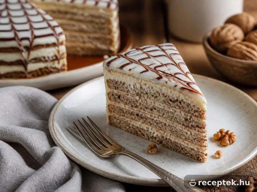 Eszterházy torta szelet, diós lapokkal és a jellegzetes pókháló-mintás fondanttal