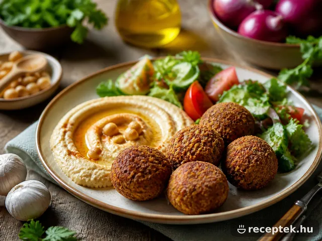 Ropogós falafelgolyók tányéron, hummusszal és salátával