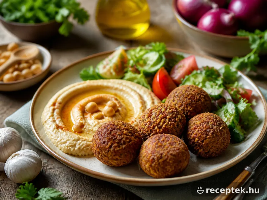Ropogós falafelgolyók tányéron, hummusszal és salátával