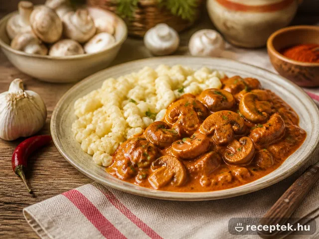 Sűrű szaftos gombapörkölt nokedlivel tálalva