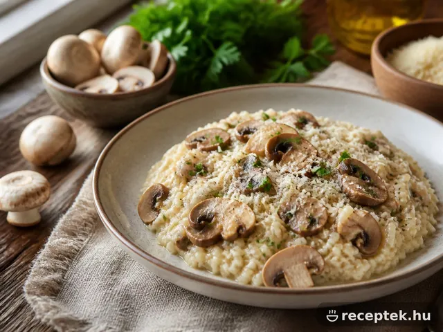 Krémes gombás rizottó tányéron, parmezánnal és petrezselyemmel
