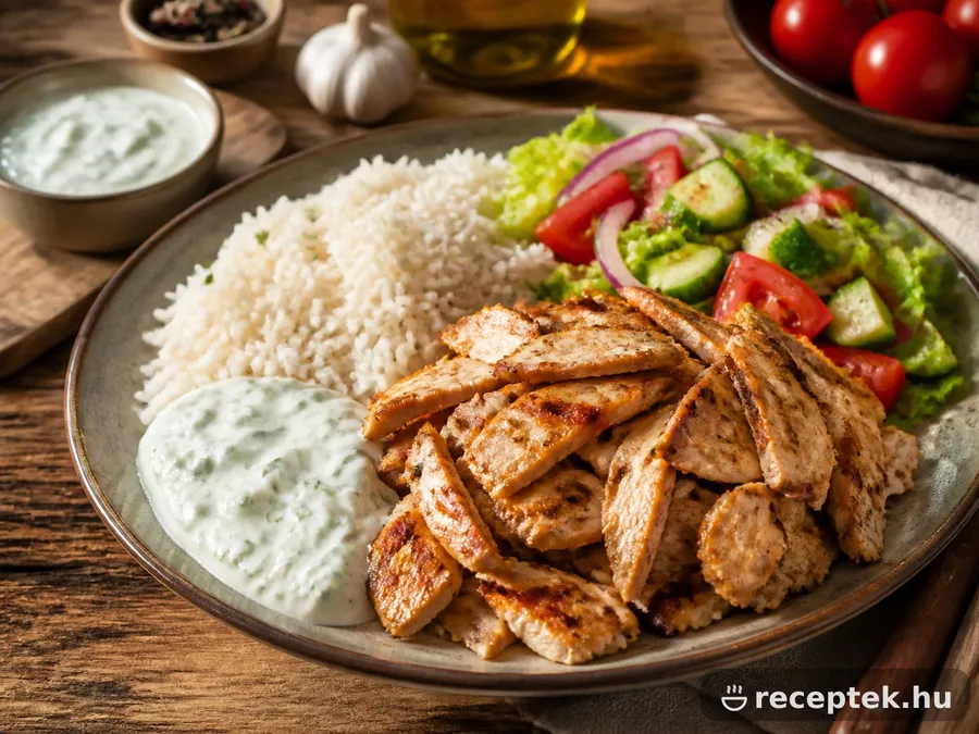 Gyros tál csirkehússal, rizzsel, tzatzikivel és friss salátával