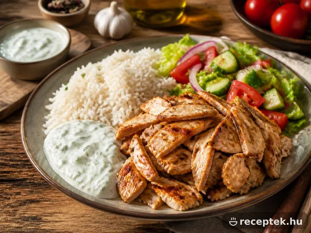 Gyros tál csirkehússal, rizzsel, tzatzikivel és friss salátával