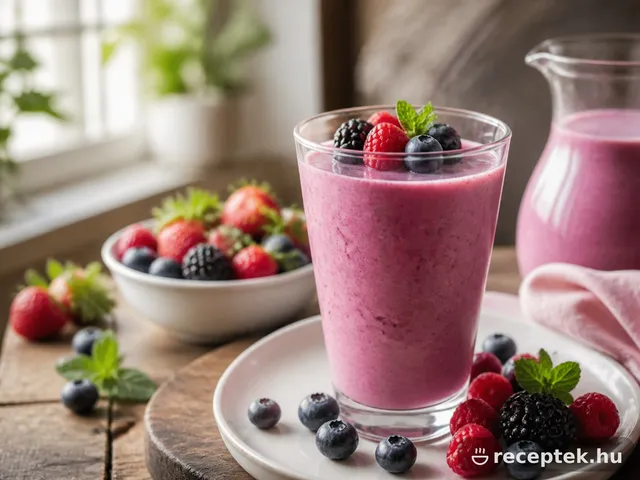 Gyümölcsös smoothie pohárban, friss bogyós gyümölcsökkel