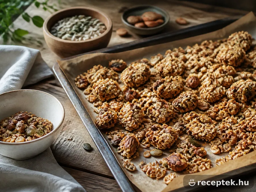 Ropogós házi granola csomókban, tepsiben, magvakkal