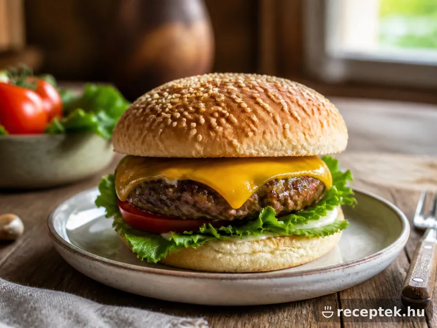Házi hamburger szezámmagos zsemlében, sajttal és salátával