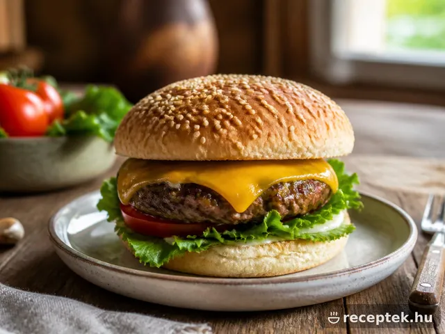 Házi hamburger szezámmagos zsemlében, sajttal és salátával