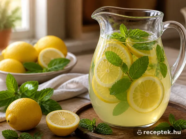 Házi limonádé kancsóban, citromkarikákkal és mentával