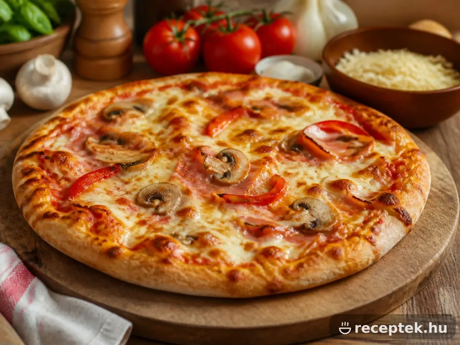 Frissen sült házi pizza olvadt sajttal, vágódeszkán