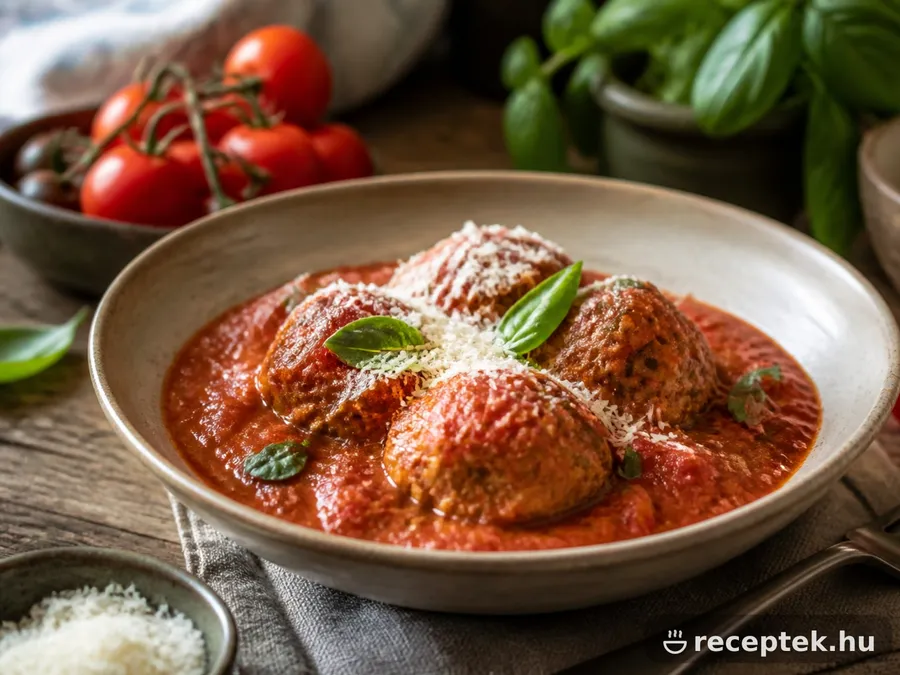 Húsgombócok paradicsomszószban, parmezánnal és bazsalikommal