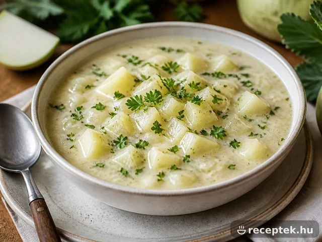 Karalábéfőzelék tálban, tejfölös habarással és friss petrezselyemmel