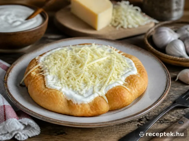 Frissen sült lángos tejföllel és reszelt sajttal