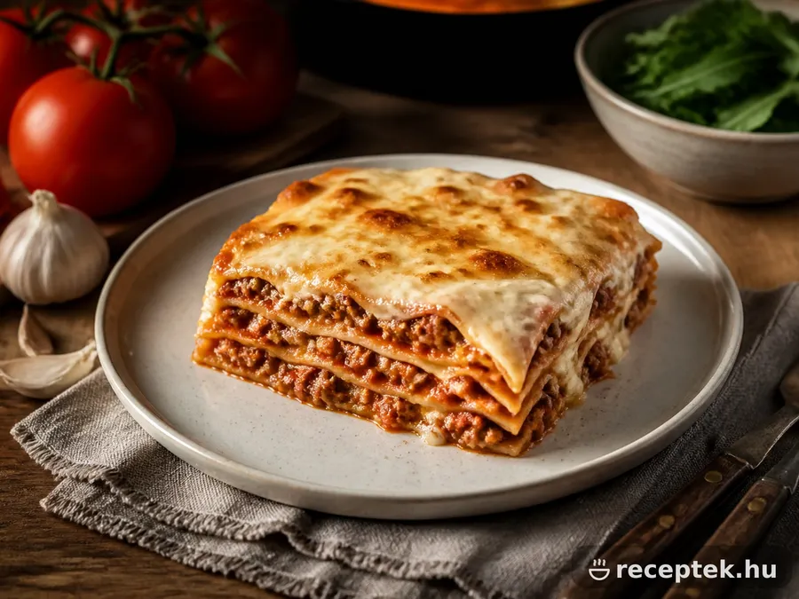 Szelet lasagne tányéron, olvadt sajttal a tetején