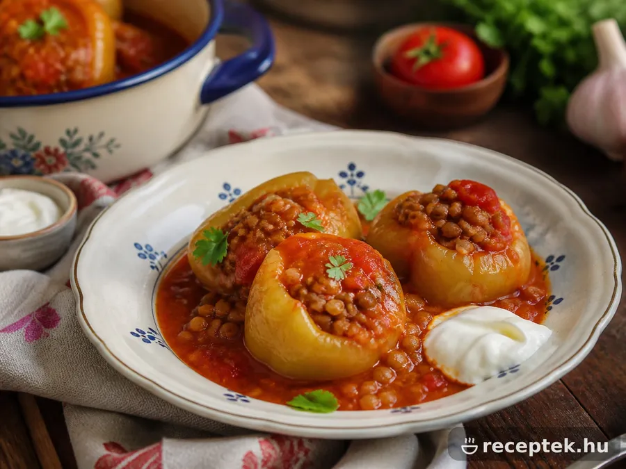 Lencsés töltött paprika paradicsomos mártásban, lábasban
