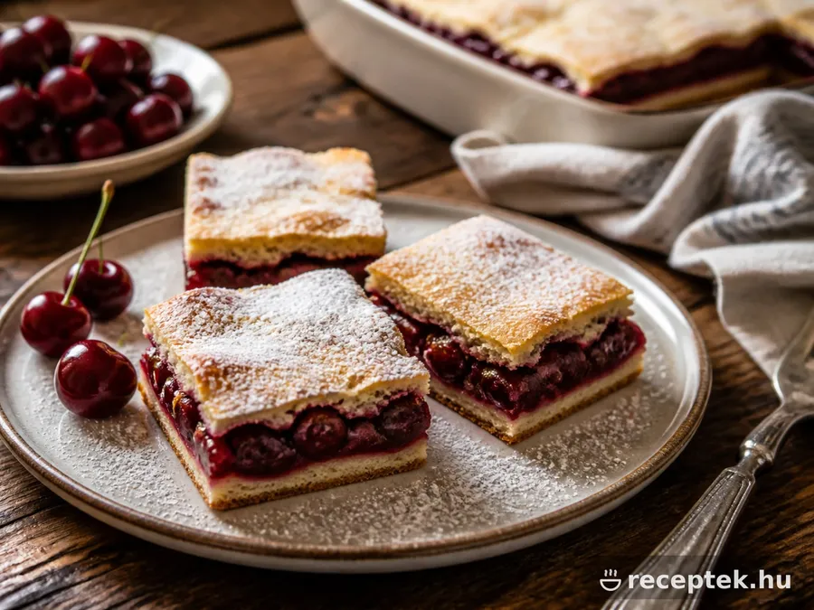 Felszeletelt meggyes pite porcukorral megszórva