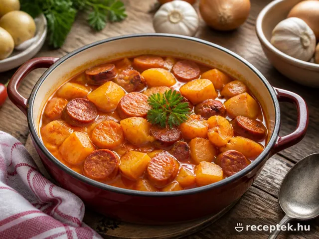 Paprikás krumpli kolbászkarikákkal, lábosban