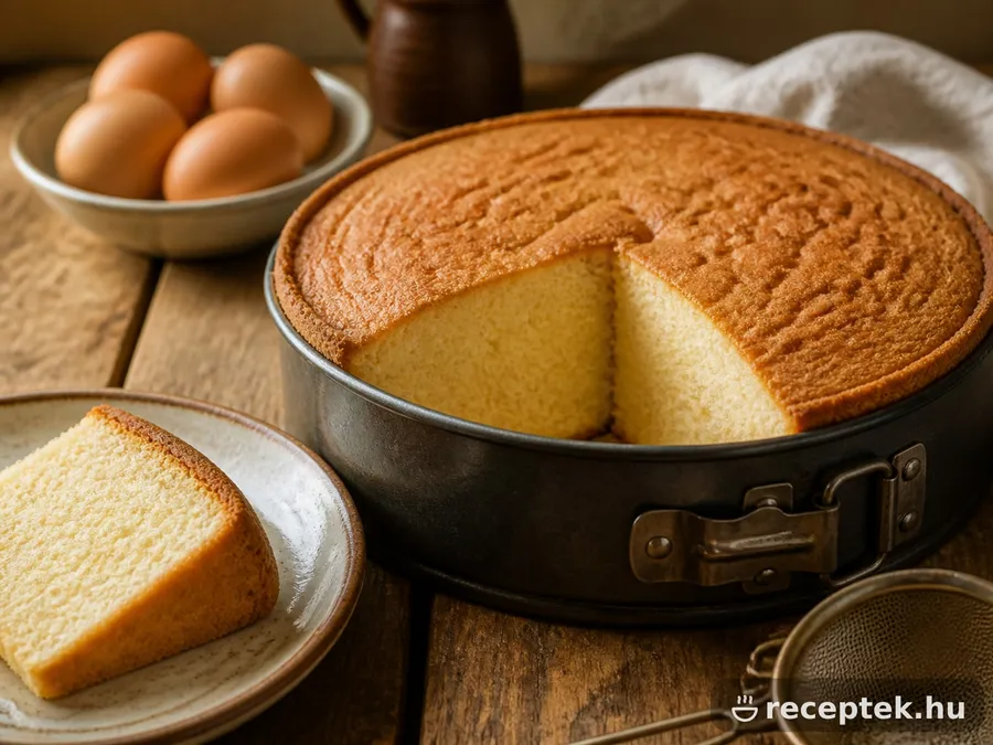 Magas, aranybarna piskóta kapcsos tortaformában, felszeletelve