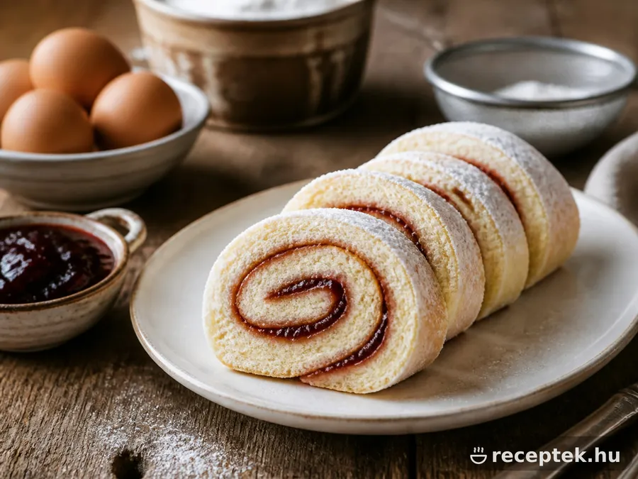 Felszeletelt piskótatekercs, a spirálban látszó lekvárral, porcukorral megszórva