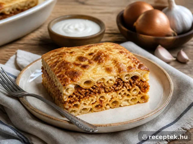 Rakott tészta szelet tányéron, aranybarna sajtos tetővel
