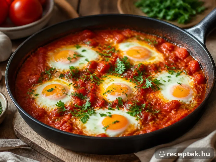 Shakshuka serpenyőben, paradicsomszószban sült tojásokkal és petrezselyemmel