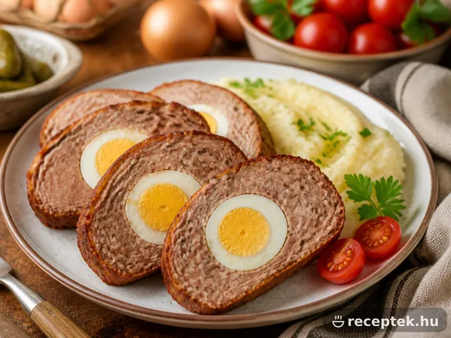 Szeletelt Stefánia vagdalt, a közepén főtt tojás keresztmetszetével