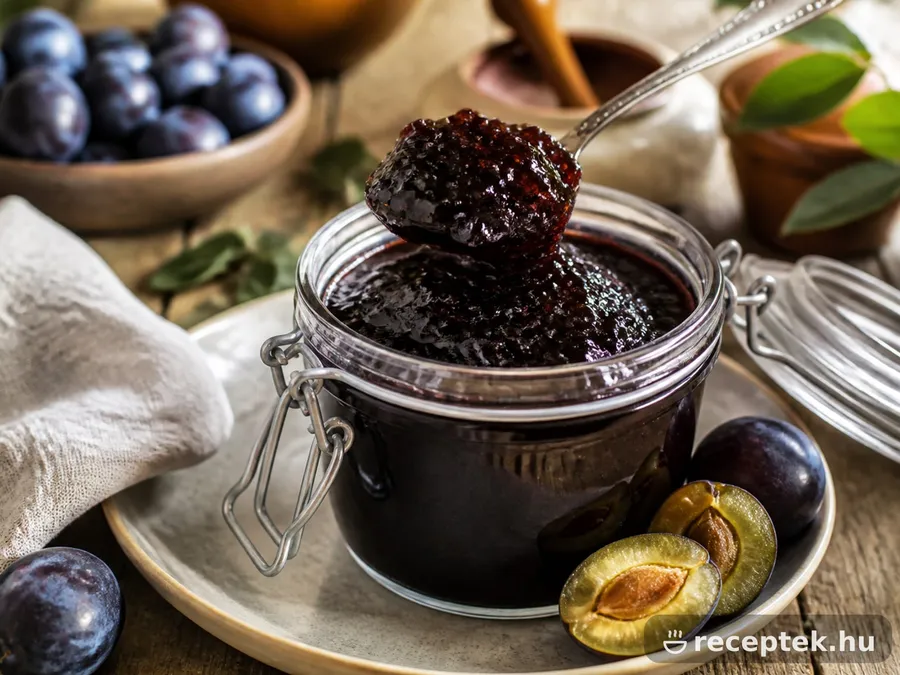 Sűrű, sötét szilvalekvár üvegben, kanállal