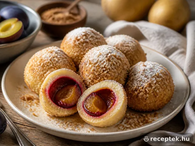 Szilvás gombócok pirított zsemlemorzsában, porcukorral