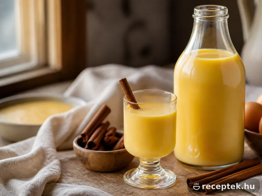 Sárga, sűrű házi tojáslikőr üvegben és kis pohárban, fahéjjal