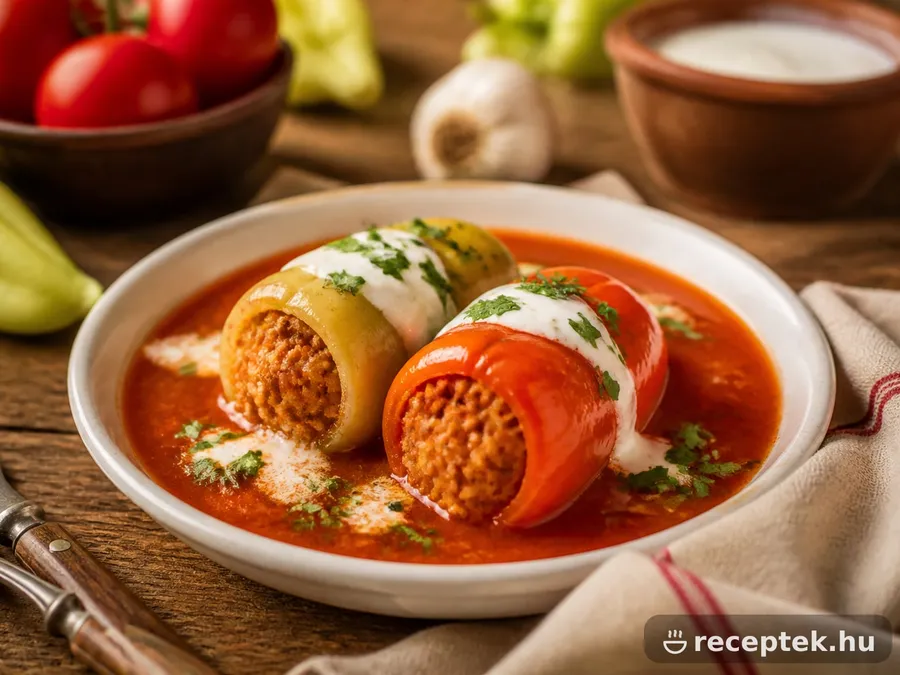 Töltött paprika paradicsomos lében, tányéron