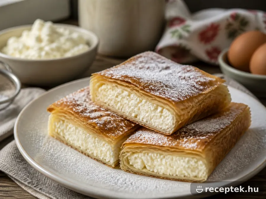 Szeletelt túrós rétes, ropogós réteges tésztával és krémes túrós töltelékkel
